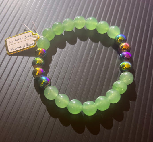 Natural Green Jade and Rainbow Hematite Beaded Stretch Bracelet