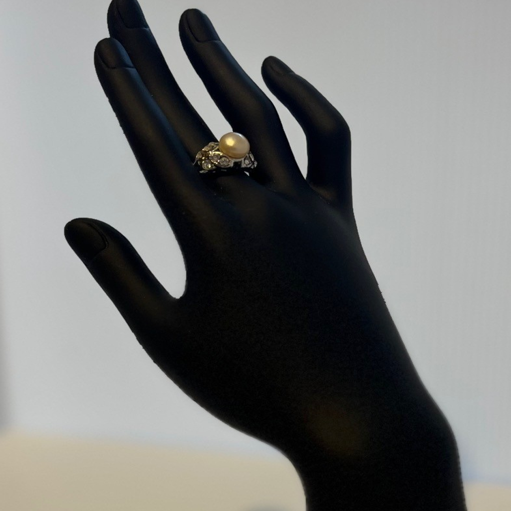 Elegant White Freshwater Pearl Silver Toned Butterfly Ring