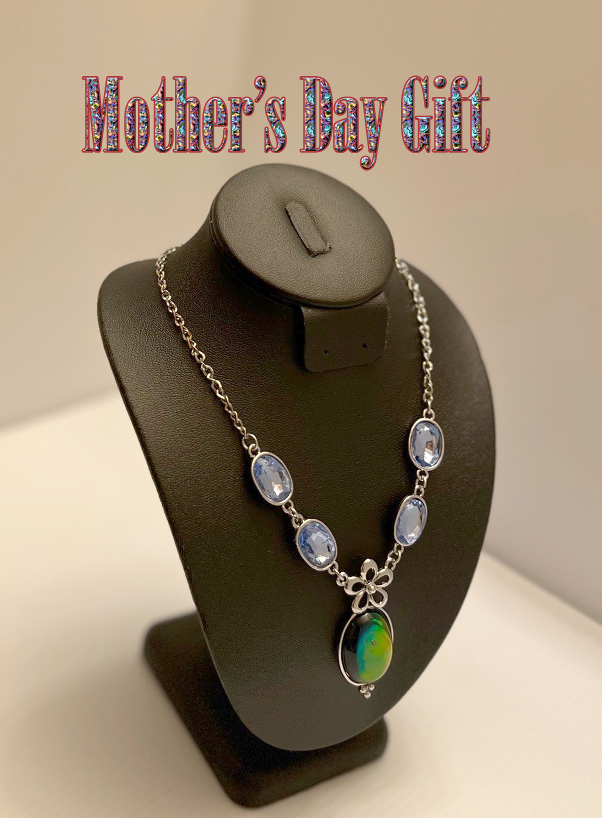Mother’s Day Gift Silver Floral Necklace with Blue Gemstones and Amber Multicolor Oval Pendant