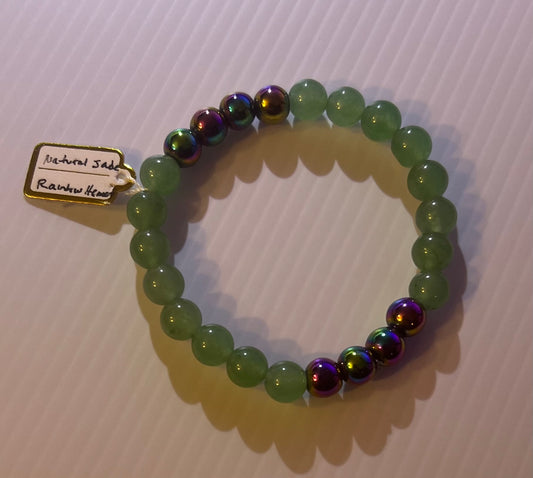Natural Green Jade and Rainbow Hematite Beaded Stretch Bracelet