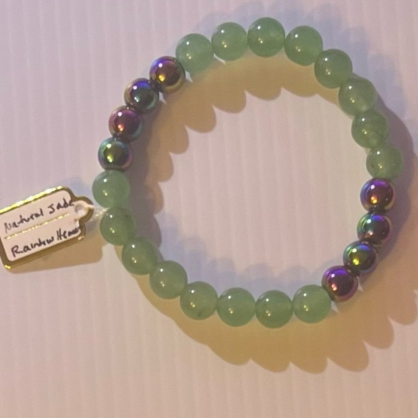 Natural Green Jade and Rainbow Hematite Beaded Stretch Bracelet