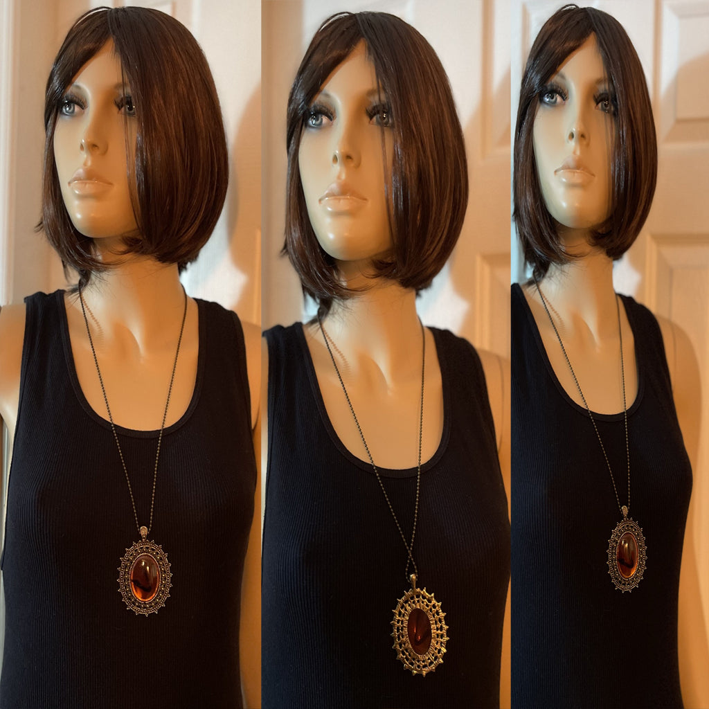 Oval Orange- Reddish Glass Pendant Necklace Bronze Ball/Bead Chain