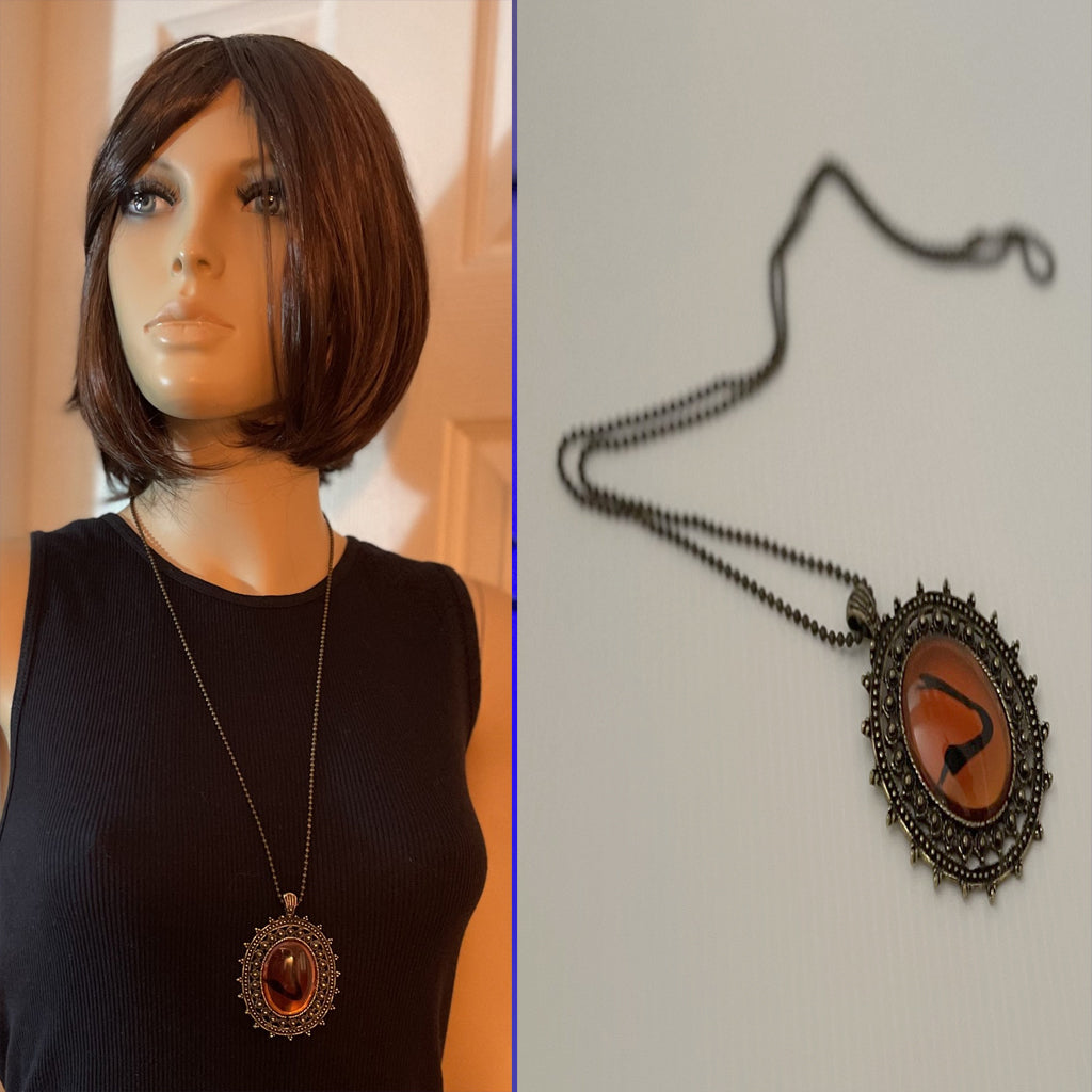 Oval Orange- Reddish Glass Pendant Necklace Bronze Ball/Bead Chain