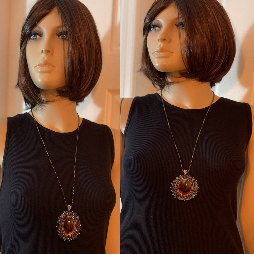 Oval Orange- Reddish Glass Pendant Necklace Bronze Ball/Bead Chain