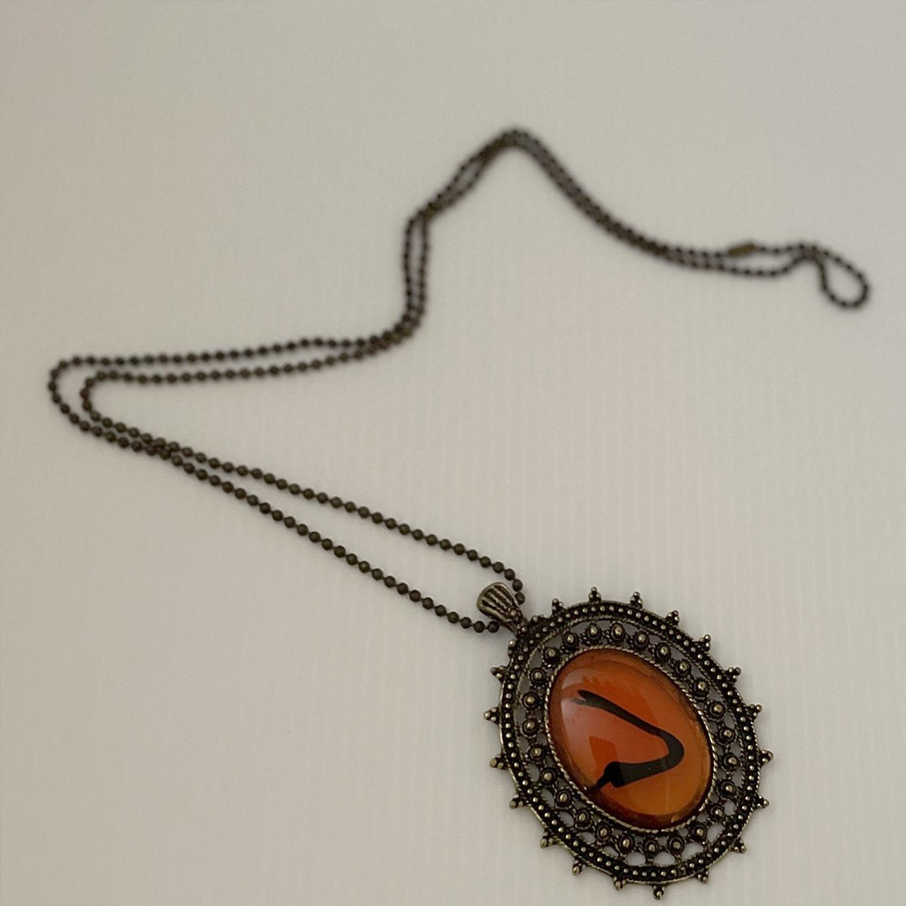 Oval Orange- Reddish Glass Pendant Necklace Bronze Ball/Bead Chain