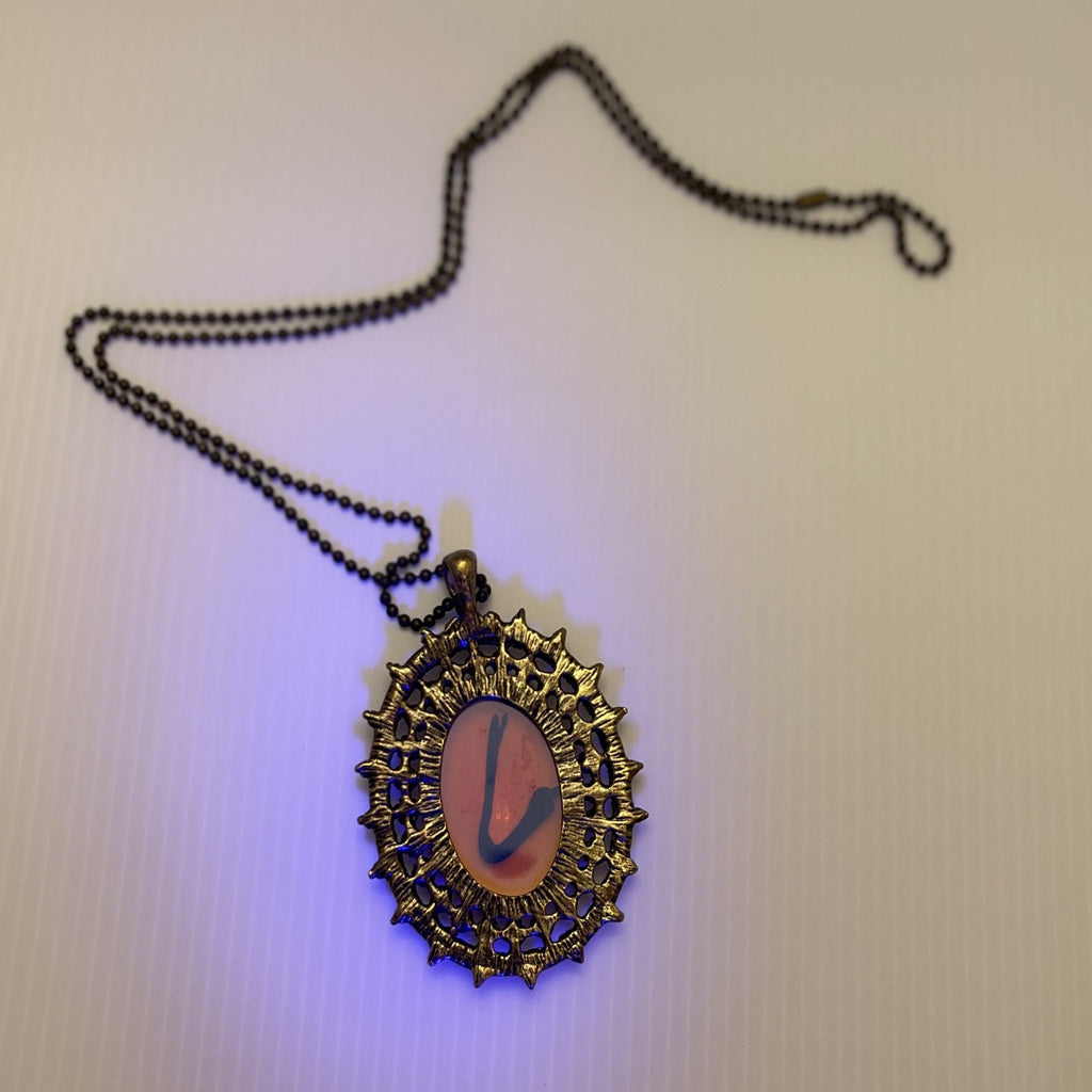 Oval Orange- Reddish Glass Pendant Necklace Bronze Ball/Bead Chain