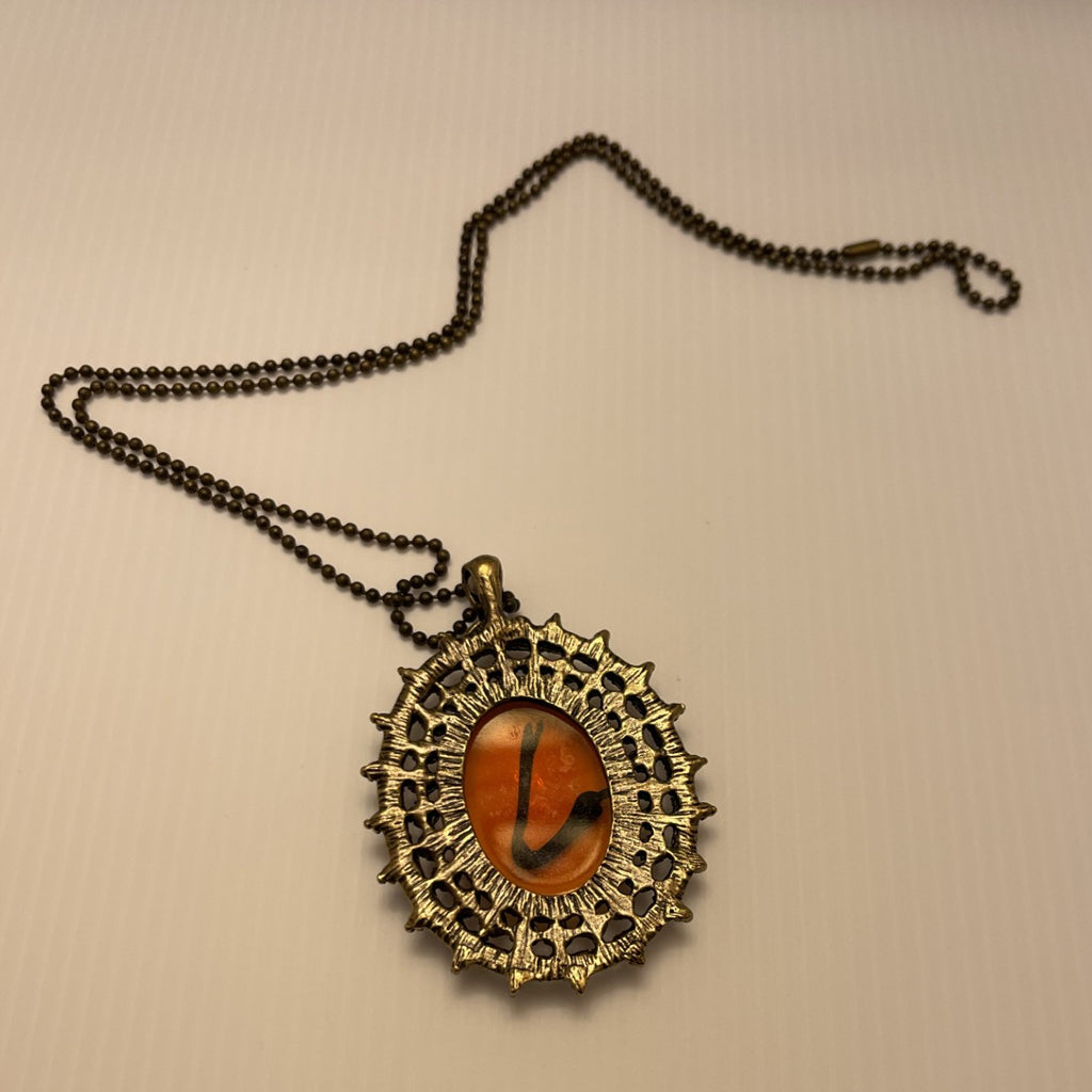 Oval Orange- Reddish Glass Pendant Necklace Bronze Ball/Bead Chain