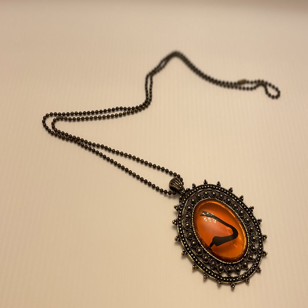Oval Orange- Reddish Glass Pendant Necklace Bronze Ball/Bead Chain