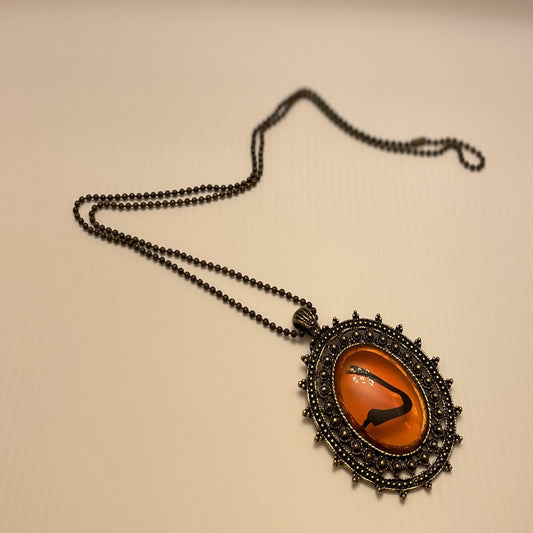 Oval Orange- Reddish Glass Pendant Necklace Bronze Ball/Bead Chain