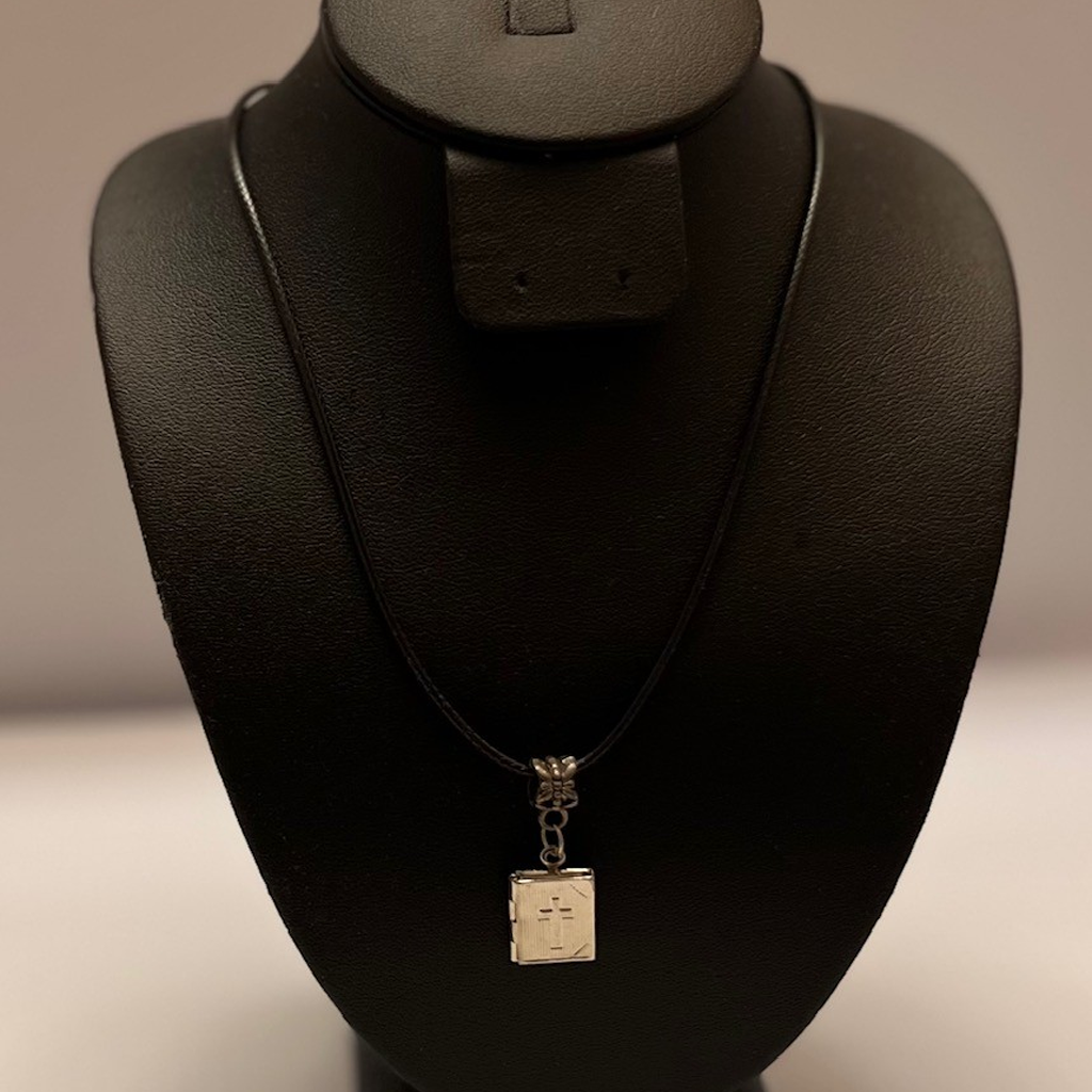 Silver Toned Cross Photo Locket Frame Pendant Leather Cord Necklace