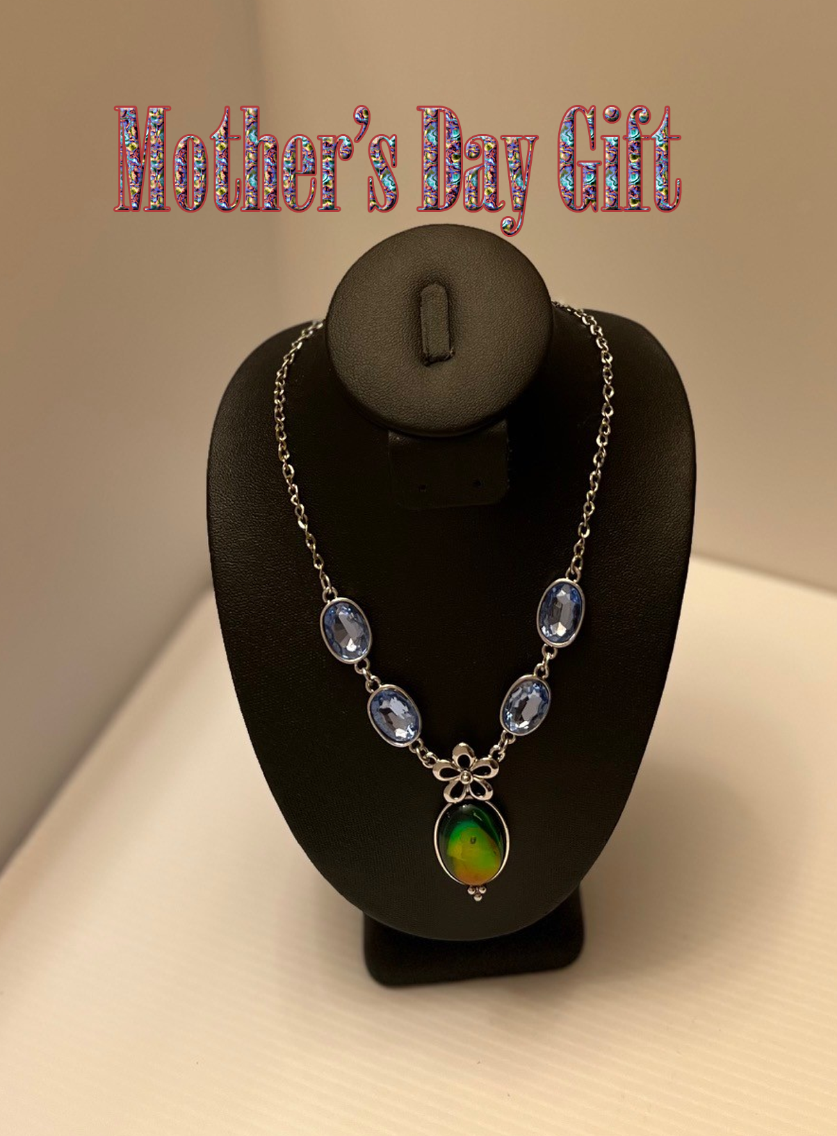 Mother’s Day Gift Silver Floral Necklace with Blue Gemstones and Amber Multicolor Oval Pendant