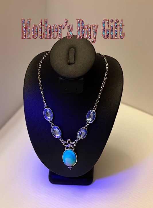 Mother’s Day Gift Silver Floral Necklace with Blue Gemstones and Amber Multicolor Oval Pendant