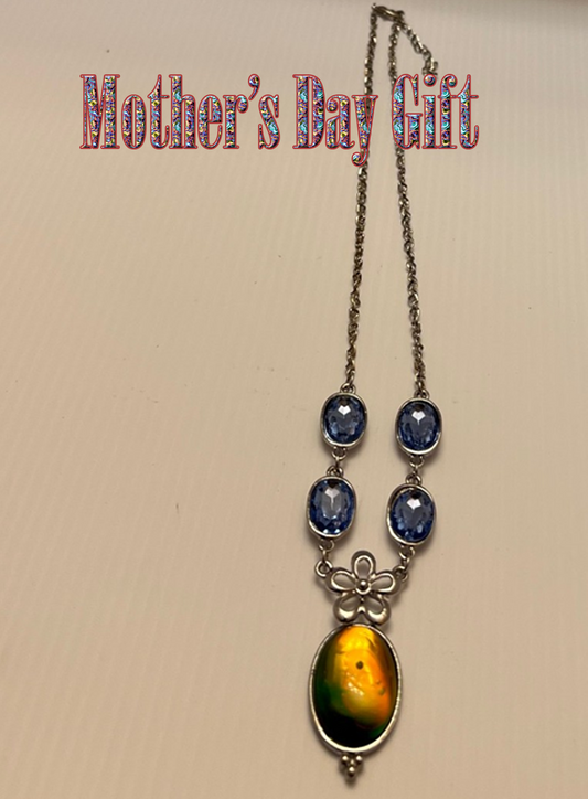 Mother’s Day Gift Silver Floral Necklace with Blue Gemstones and Amber Multicolor Oval Pendant