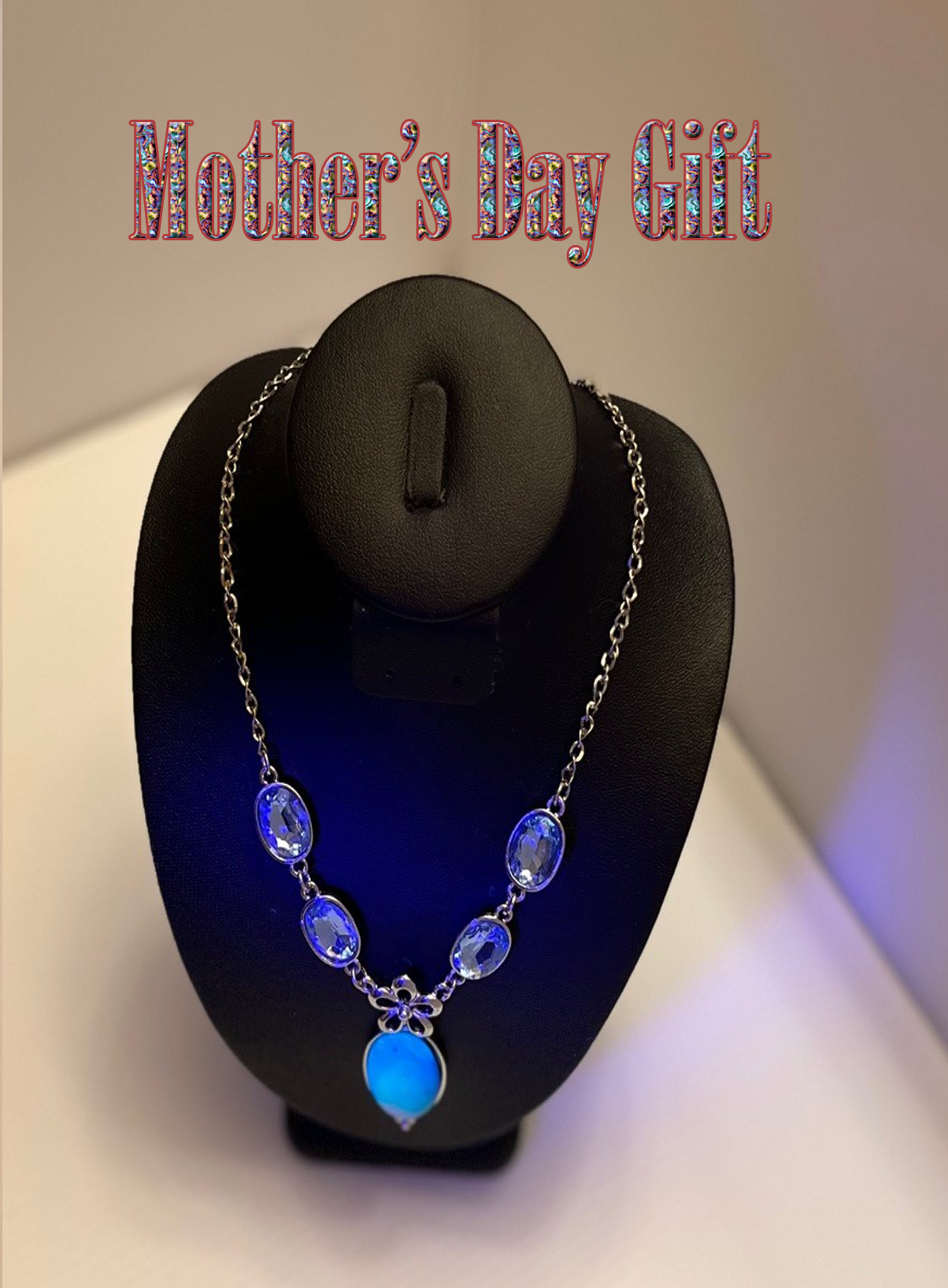 Mother’s Day Gift Silver Floral Necklace with Blue Gemstones and Amber Multicolor Oval Pendant