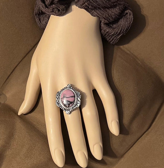 Natural Rhodonite Fashion Ring, Size 8, Silver Toned