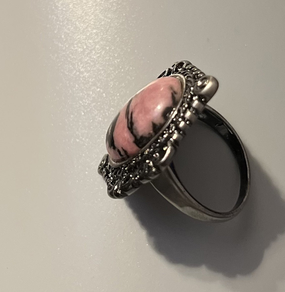 Natural Rhodonite Fashion Ring, Size 8, Silver Toned
