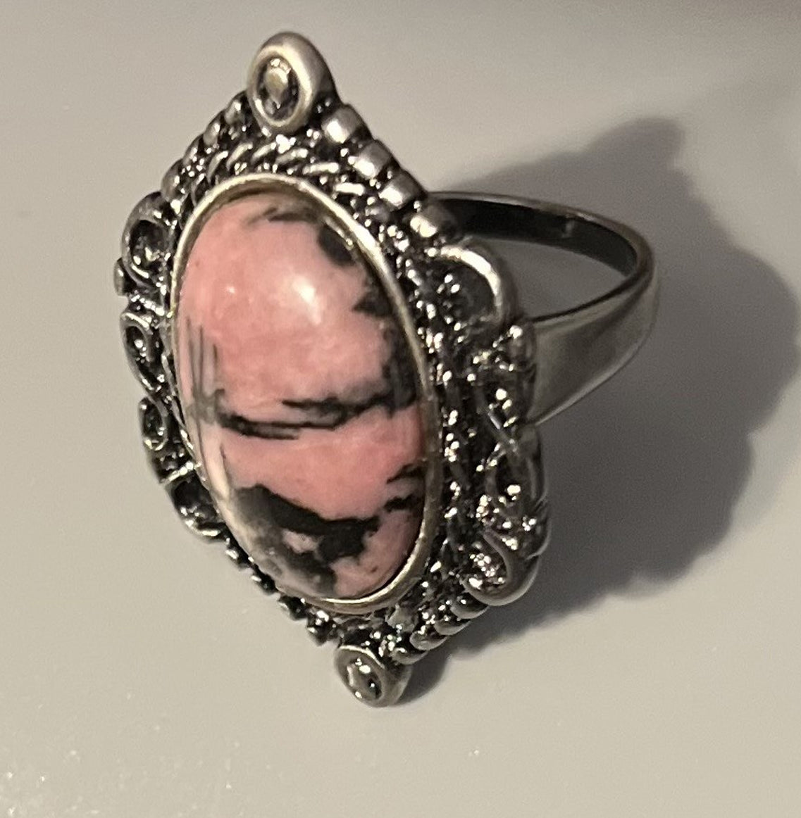 Natural Rhodonite Fashion Ring, Size 8, Silver Toned