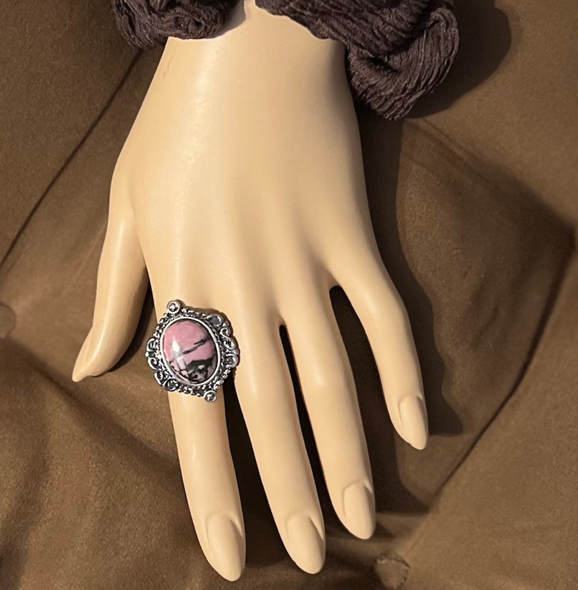 Natural Rhodonite Fashion Ring, Size 8, Silver Toned